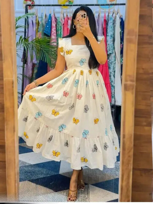 Off White Printed Cotton Maxi Dress