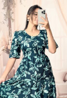 Women’s  Aqua Blue Printed Cotton Blend Midi