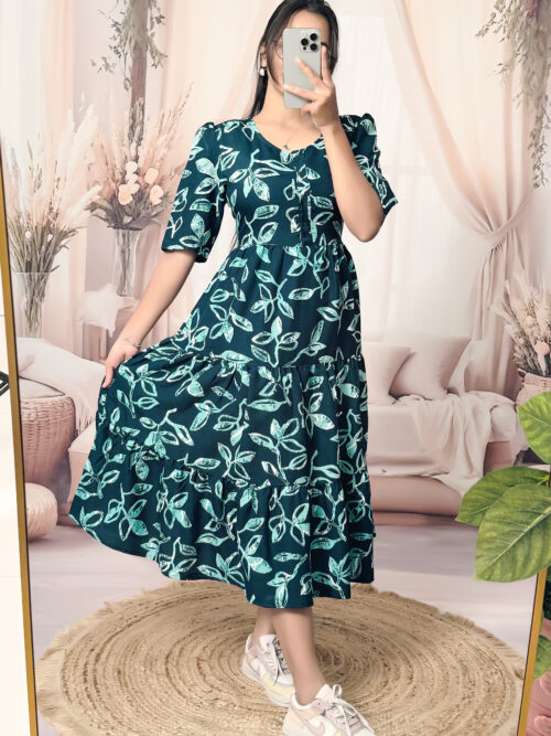 Women’s  Aqua Blue Printed Cotton Blend Midi