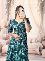 Women’s  Aqua Blue Printed Cotton Blend Midi