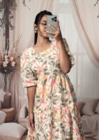 Women’s Beige Floral Printed Cotton Blend Midi Dress