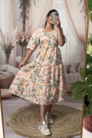 Women’s Beige Floral Printed Cotton Blend Midi Dress