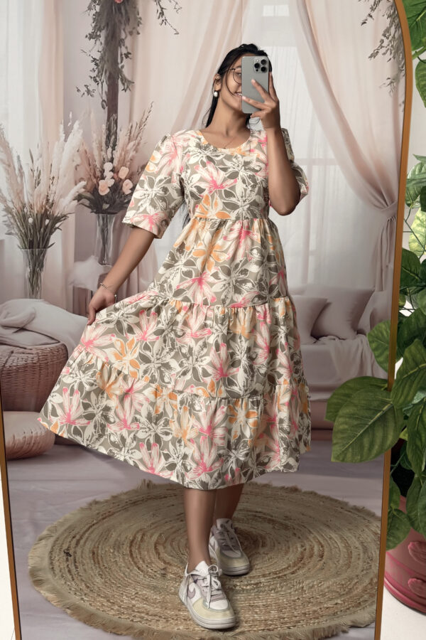Women’s Beige Floral Printed Cotton Blend Midi Dress