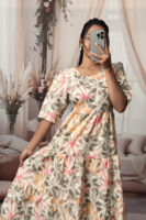 Women’s Beige Floral Printed Cotton Blend Midi Dress