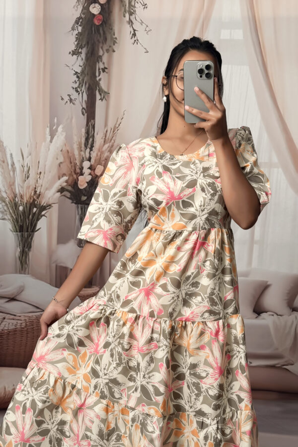 Women’s Beige Floral Printed Cotton Blend Midi Dress