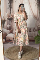 Women’s Beige Floral Printed Cotton Blend Midi Dress