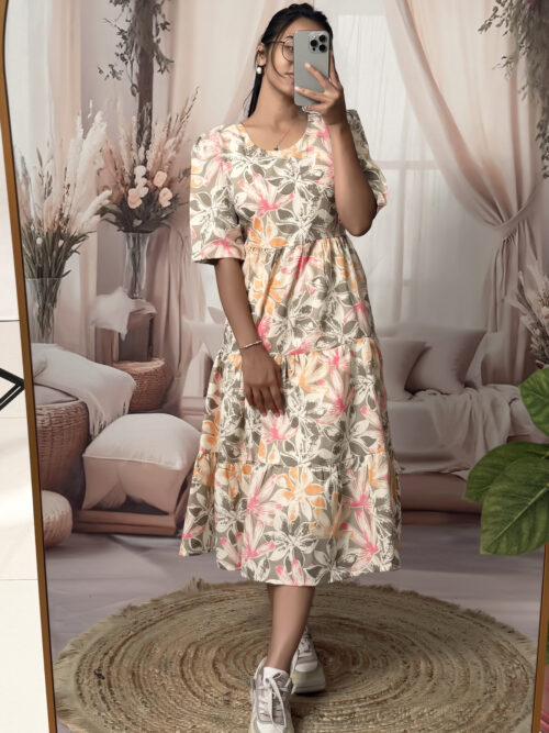Women’s Beige Floral Printed Cotton Blend Midi Dress