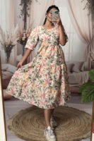 Women’s Beige Floral Printed Cotton Blend Midi Dress