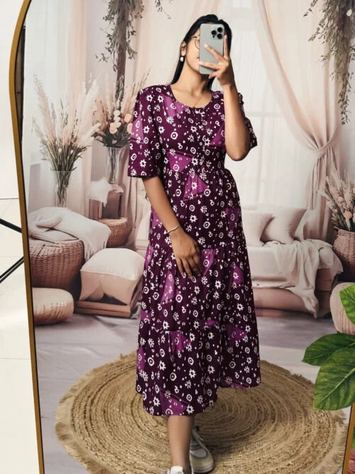 Women’s Purple Floral Printed Cotton Blend Midi Dress