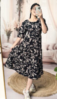 Women’s Black Floral Printed Cotton Blend Midi Dress