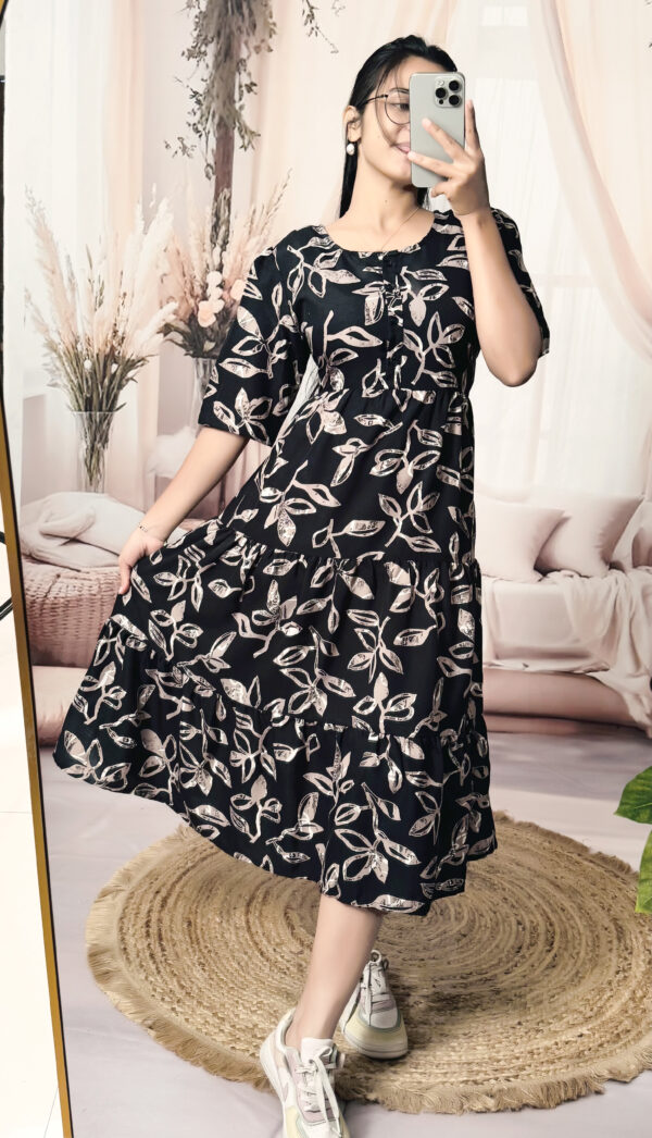 Women’s Black Floral Printed Cotton Blend Midi Dress