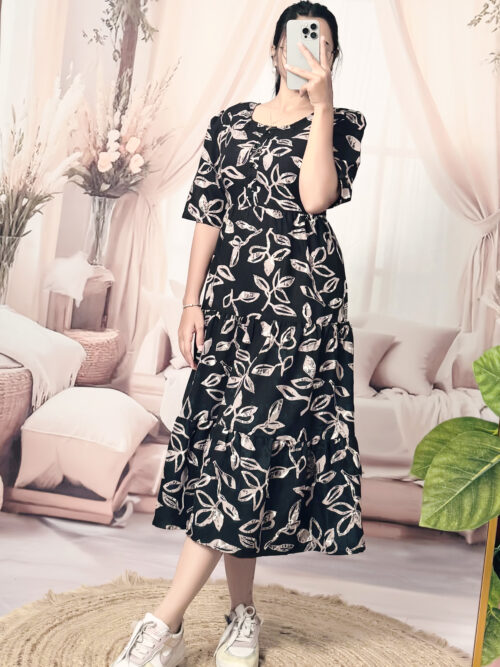 Women’s Black Floral Printed Cotton Blend Midi Dress