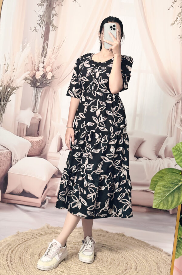 Women’s Black Floral Printed Cotton Blend Midi Dress