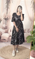 Women’s black Floral Printed Cotton Blend Midi Dress