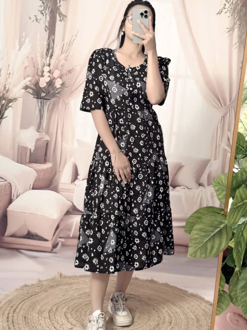 Women’s black Floral Printed Cotton Blend Midi Dress