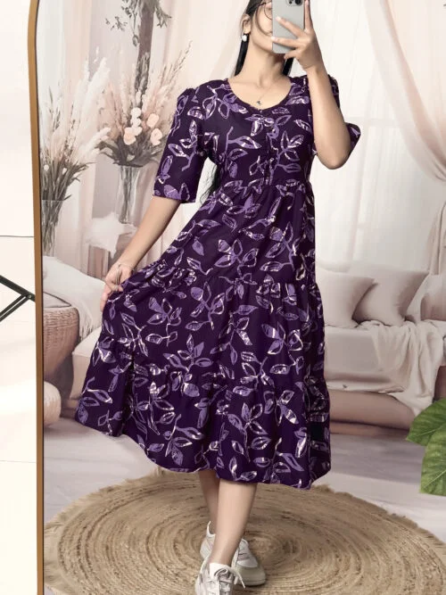 Women’s Purple Floral Printed Cotton Blend Midi Dress