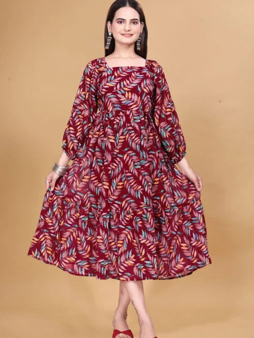 Maroon Printed Georgette Dress