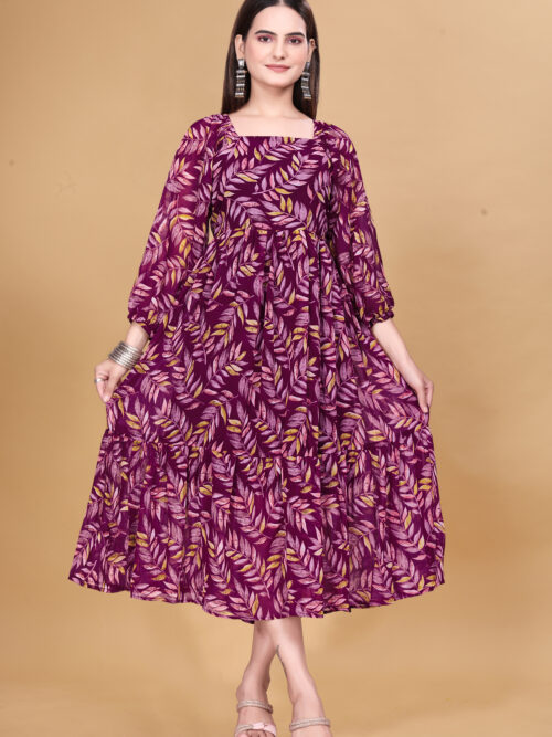 Wine Printed Georgette Dress